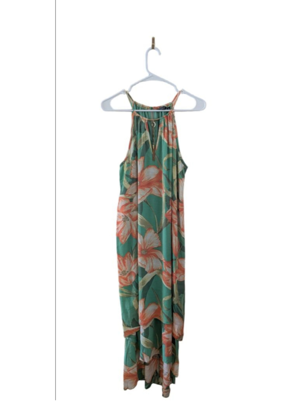 Mlle Gabrielle Floral Halter Maxi Dress Green Orange Boho Flowing M - Picture 2 of 5